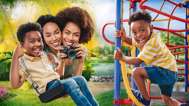 Mother with two sons in park having fun