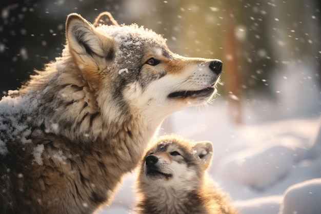 Mother wolf and wolf cubs in winter snow Generative AI