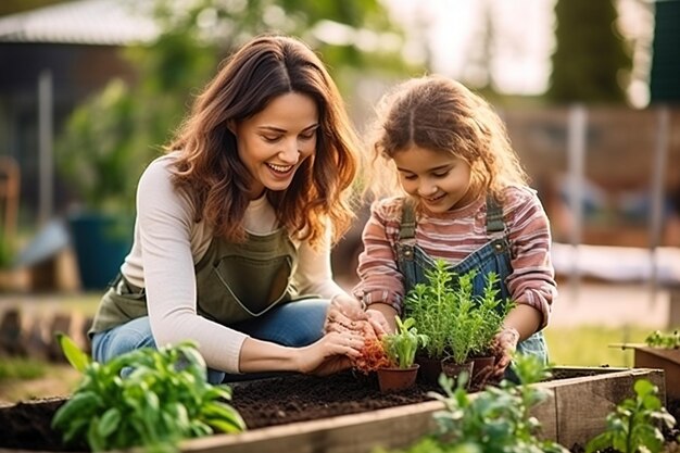 花や野菜を植えながら一緒にガーデニングをする母と若い娘