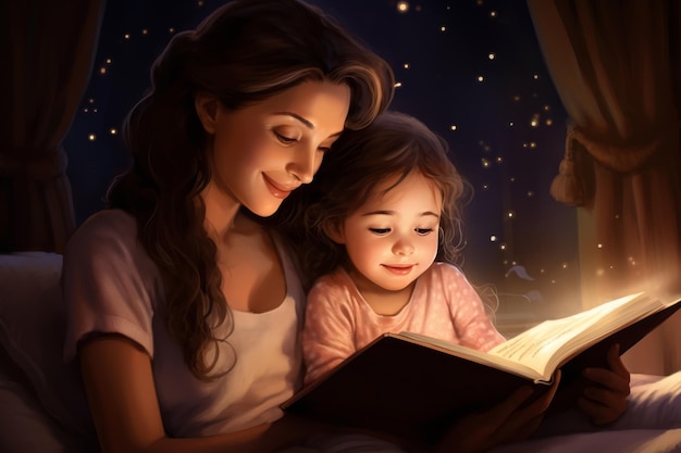 어머니 와 어린 딸 이 따뜻 한 빛 아래 침대 에서 책 을 읽고 있다