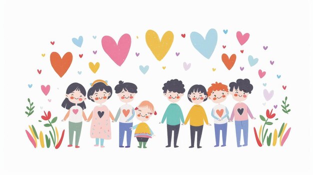 Mother39s Day banner concept Kids standing in line with heart banners Flat design style minimal modern illustration