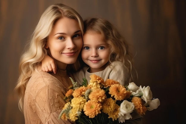 Mother39s Day Celebration Young Woman with Daughter and Flower Bouquet