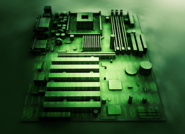 緑のバイナリコードの背景にマザーボード。 3Dレンダリング