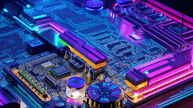 Motherboard closeup technology Integrated microchip circuit board computer processor with neon light