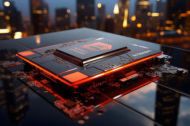 Motherboard closeup technology Integrated microchip circuit board computer processor with Red light