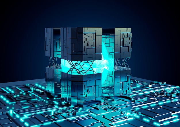 マザーボードの未来的なネオン技術の背景 AI 中央コンピューター プロセッサ CPU と GPU の概念 量子チップ