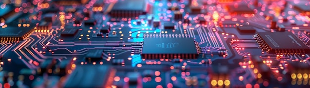 Motherboard microchips dioden transistors paden ingewikkelde patronen een digitaal netwerk van elektronische componenten verweven met precisie fotografie spotlight chromatische aberratie