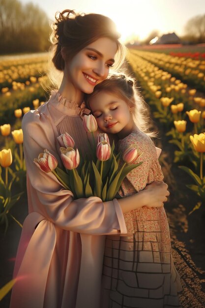 MotherDaughter Tender Embrace Sunlit Tulips Serene