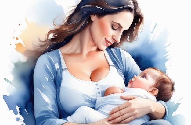 사진 엄마가 모유 수유하고 아기를 안고 있는 젊은 아름다운 여성이 신생아를 손에 들고 있다.