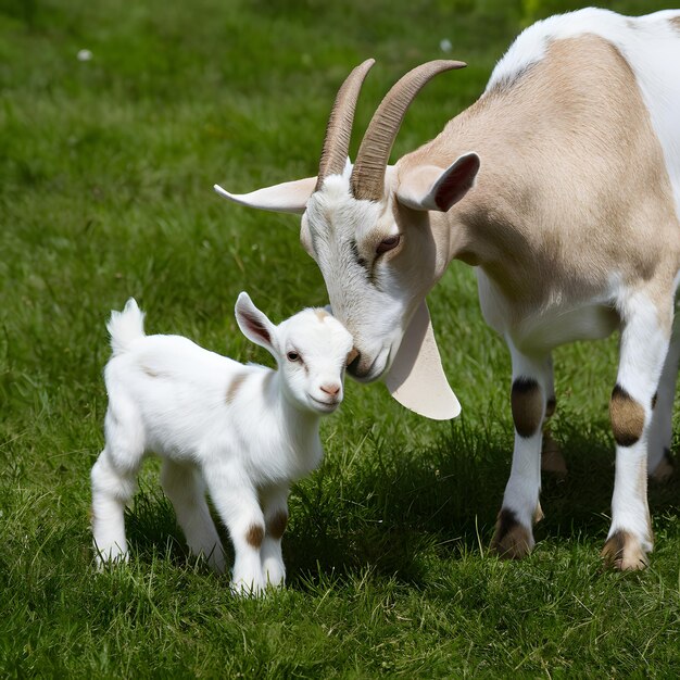 Photo motherhood in farm life anglo nubian goat with her kid for social media post size