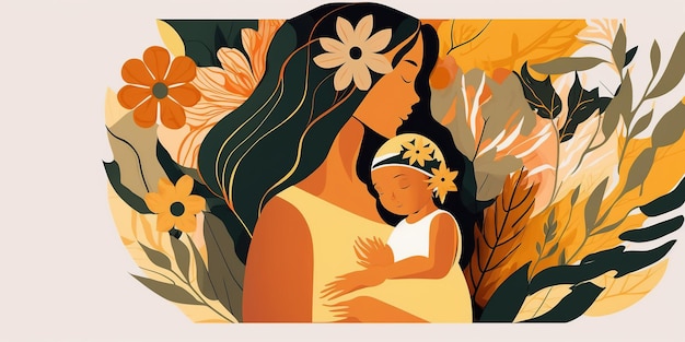 Mothers Day abstract design A mother holding a child flowers hand made art flat design