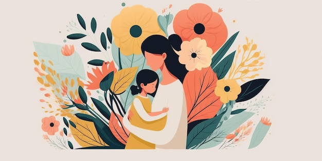 母の日の抽象的なデザイン 子供の花を保持している母親 手作りのアート フラット デザイン