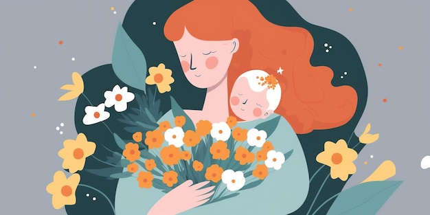 Mothers Day abstract design where a mother holds a kid with flowers
