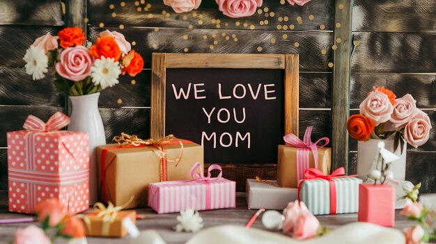 Photo mothers day background design with blackboard in center with the words we love you mom