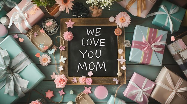 Mothers Day background design with blackboard in center with the words WE LOVE YOU MOM