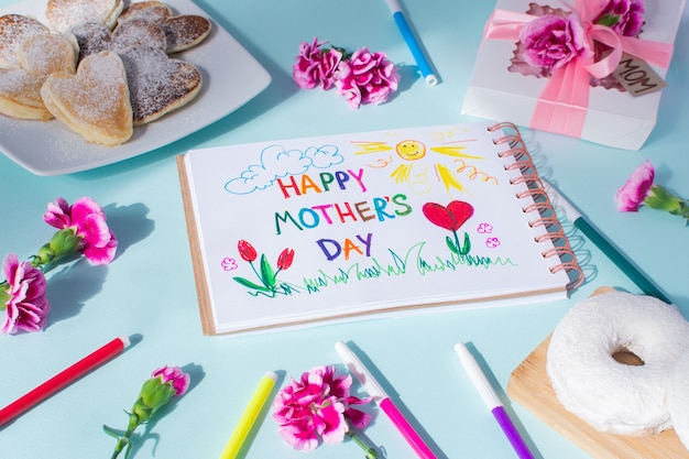 Carta di giorno di madri. testo happy mothers day. colazione, pancake, garofano, regalo e una cartolina fatta dai bambini per la mamma.