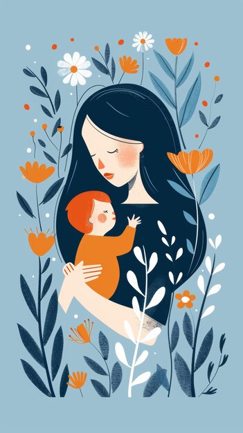 Mothers Day card Woman holding baby surrounded by flowers Generative AI