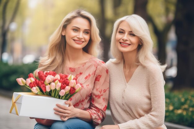 Mothers Day celebration at home with flowers and gifts