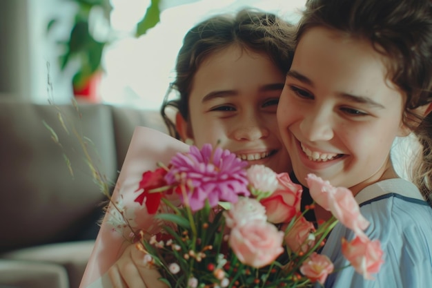 Photo mothers day celebration with daughter giving flowers and hugging