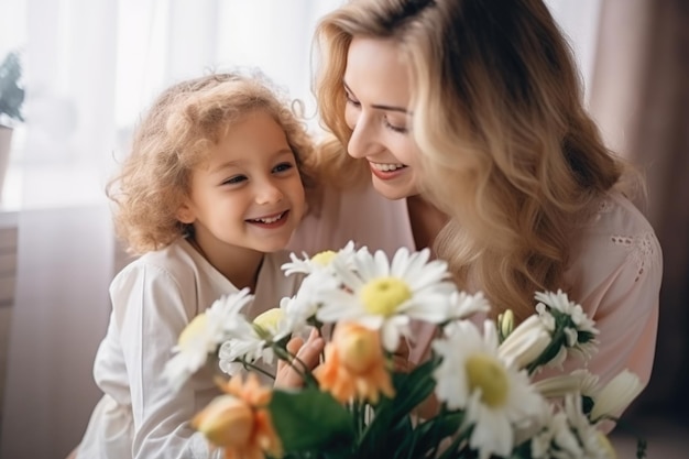 写真 娘と一緒に花を贈り 笑顔と抱きしめで母の日を祝う