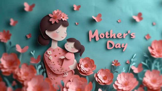 Mothers Day Celebration With Paper Art Illustration of Mother and Child Embrace