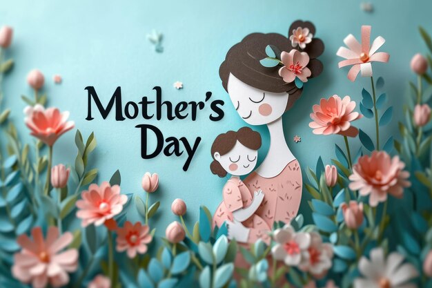 Photo mothers day celebration with paper art illustration of mother and child embrace