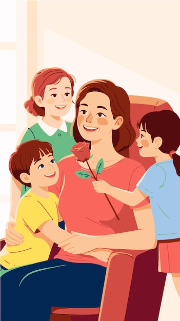 Mothers Day Children giving a rose to their mother