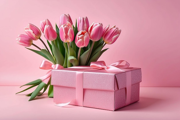 Концепция Дня матери стильная розовая подарочная коробка с ленточным луком и букетом тюльпанов на изолированном пастельно-розовом фоне с копирацией