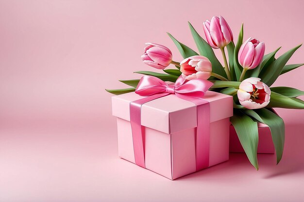 Концепция Дня матери стильная розовая подарочная коробка с ленточным луком и букетом тюльпанов на изолированном пастельно-розовом фоне с копирацией