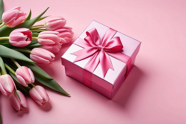 Photo mothers day concept stylish pink giftbox with ribbon bow and bouquet of tulips on isolated pastel pink background with copyspace