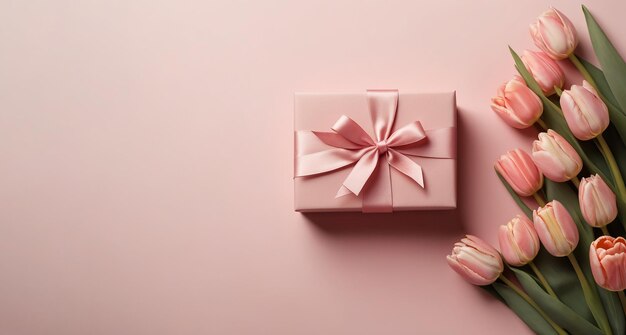 사진 어머니의 날 콘셉트 리본 활과 립의 꽃줄이 있는 세련된 분홍색 선물 상자의  뷰 사진