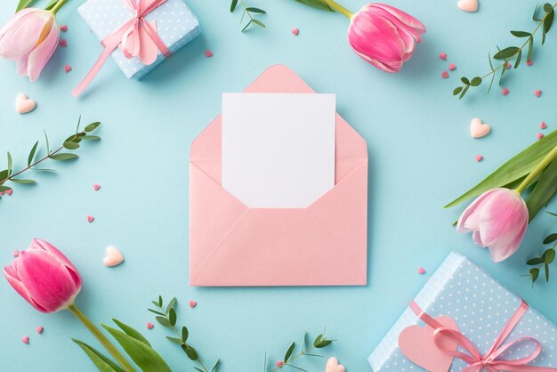 Foto il concetto della festa della madre foto in vista superiore di una busta rosa aperta con cartoline postali tulipani scatole regalo piccoli cuori e spruzzate su uno sfondo blu pastello isolato con copyspace