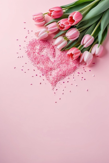 Mothers Day decorations concept Top view photo of pink tulips and heart shaped sprinkles on isolated pastel background with copyspace