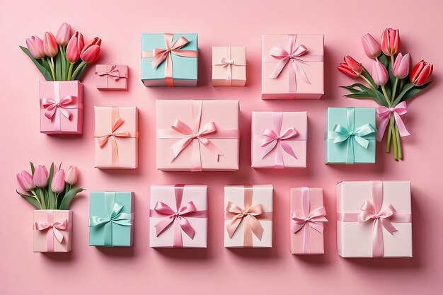 Mothers Day decorations concept Top view photo of trendy gift boxes with ribbon bows and tulips on isolated pastel pink background with copyspace