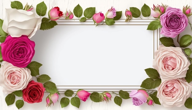 Mothers day frame with pink white and fuchsia colors of roses on white wooden background