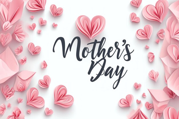 Mothers day greeting card Vector banner with 3d flying pink paper hearts Love symbols