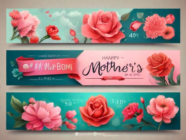 Photo mothers day horizontal poster or banner set with envelope tulips and gift box on pink background