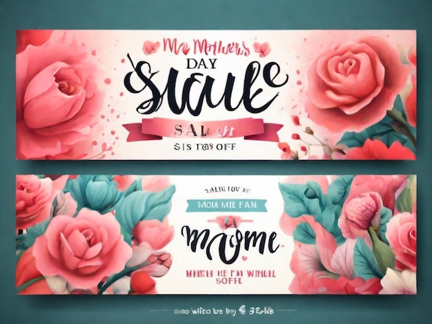 Photo mothers day horizontal poster or banner set with envelope tulips and gift box on pink background