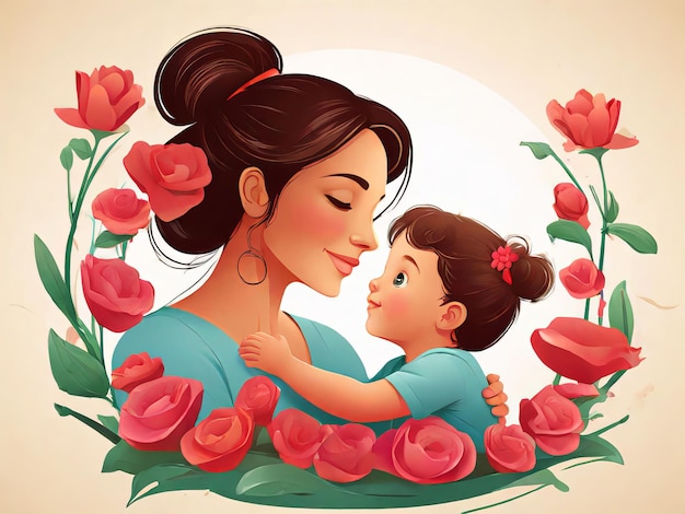 Mothers day illustration in paper poster with mother and child design Generative Ai