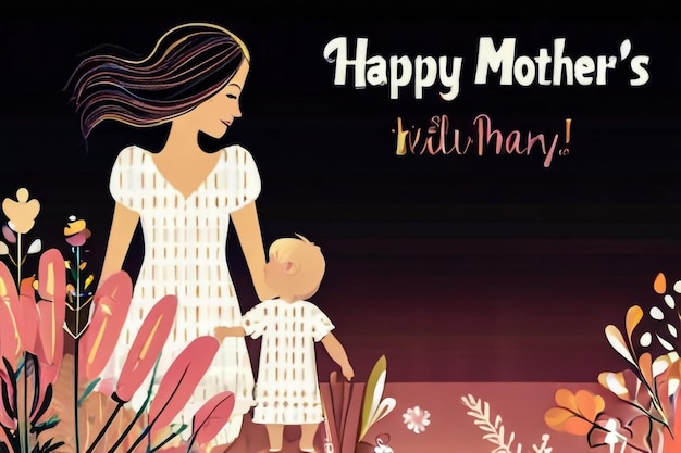 Mothers Day illustration in warm hand drawn style Woman is hugging her son among colorful