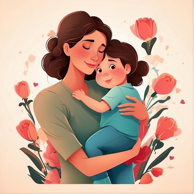 Mothers day mother hugging her child illustration background