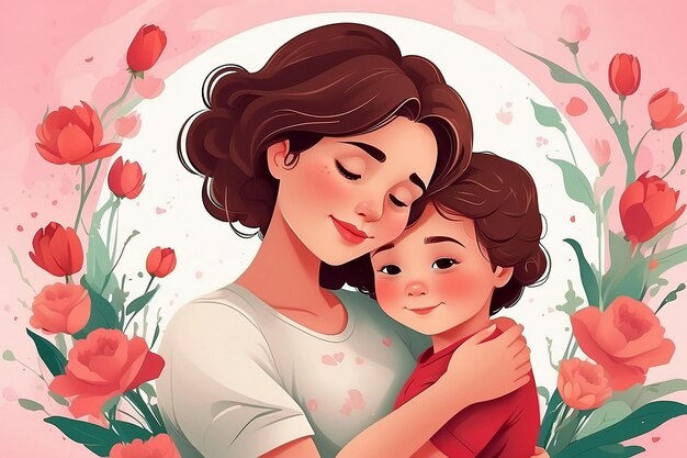 Mothers day mother hugging her child illustration background