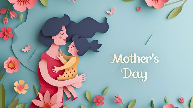 Mothers day Mother hugs her child showing good motherhood Designed in flat style