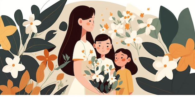 Mothers Day mother with kids hand made art flat design flowers