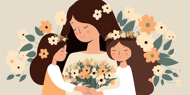 Mothers Day mother with kids hand made art flat design flowers