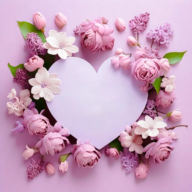 Photo mothers day paper heart poster surrounded by lilac and white flowers on a lilac background