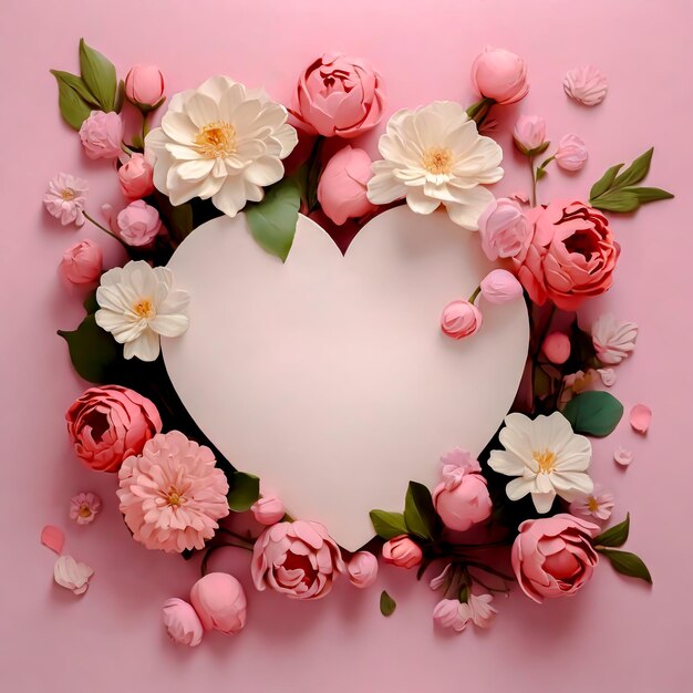 Photo mothers day paper heart poster surrounded by pink and flowers on a pink background