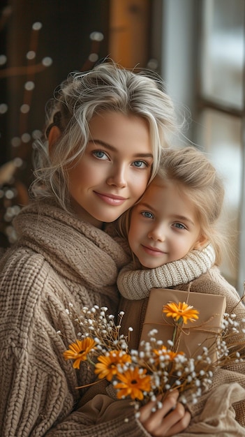 Foto il giorno della madre un piccolo giovane dà a una madre matura una scatola di regali piena di fiori e la abbraccia