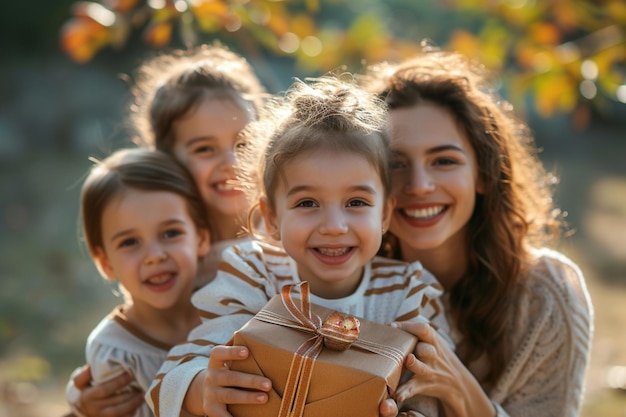 Mothers day Smiling people children giving a gift to their mother