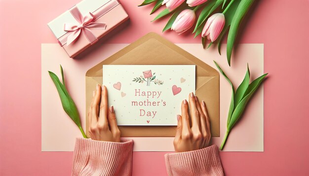 Mothers Day Womans hands holding a letter in a craft envelope with text Happy Mothers Day Soft pink background Tulip flowers